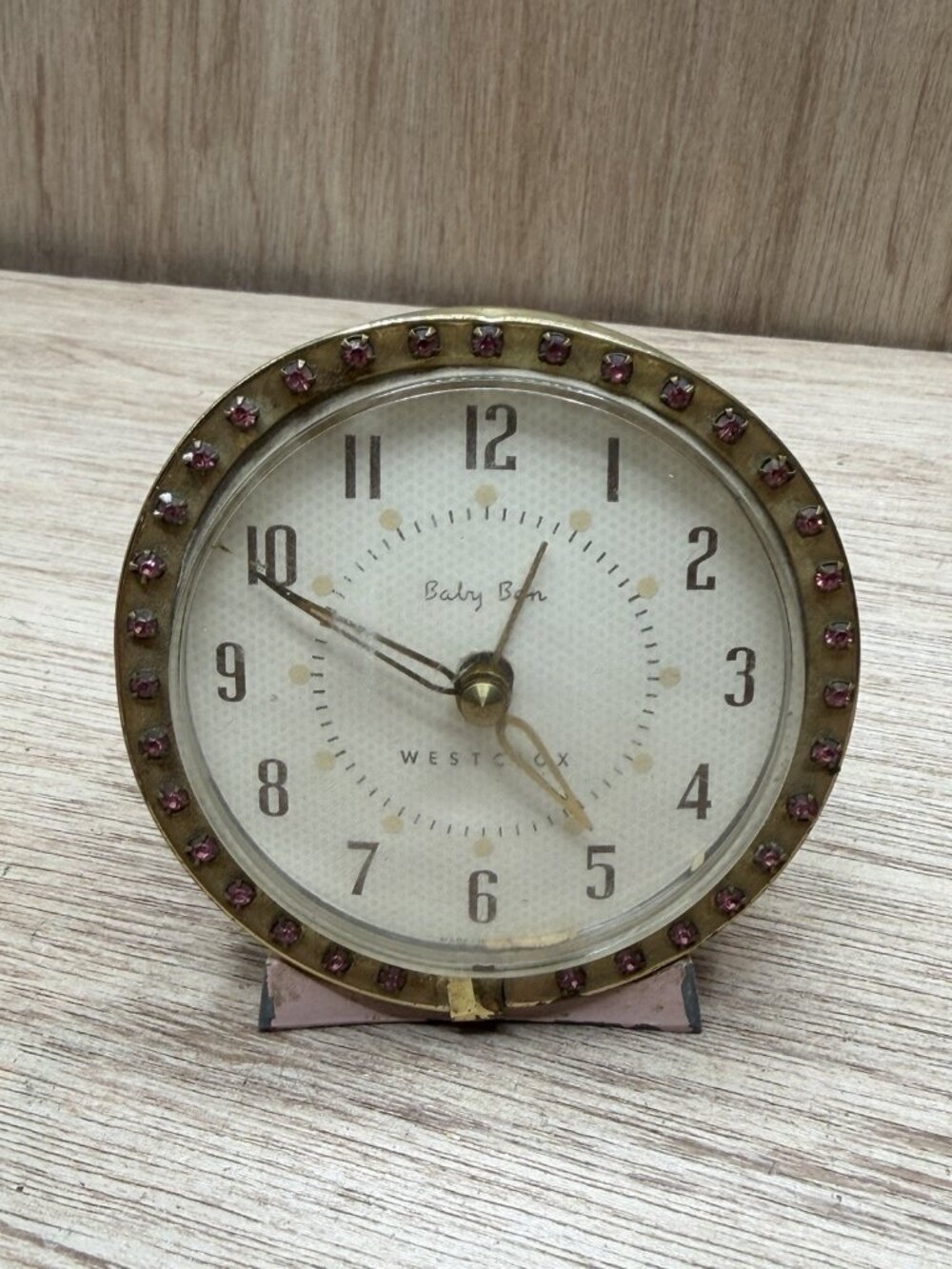 Vtg Baby Ben Alarm Clock Pink W/Brass Plated Base And Pink Stones In Lens Bezel